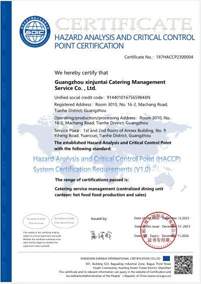HACCP体系认证证书